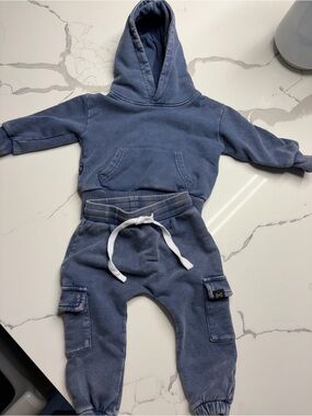 Olive + Scout Blue Mineral Wash Hoodie & Cargo Jogger Set | 12–18 Months